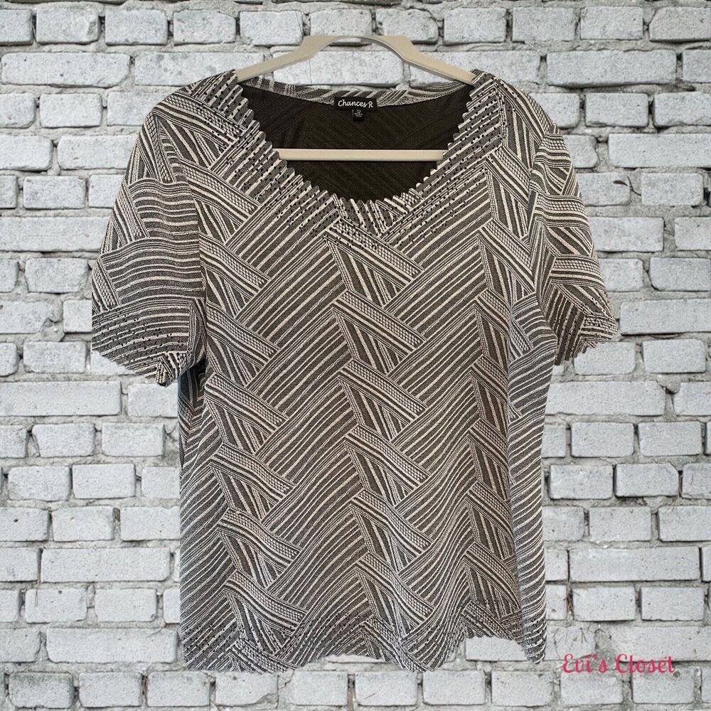 Chances R Top Women  XL Pullover Grey White Herringbone